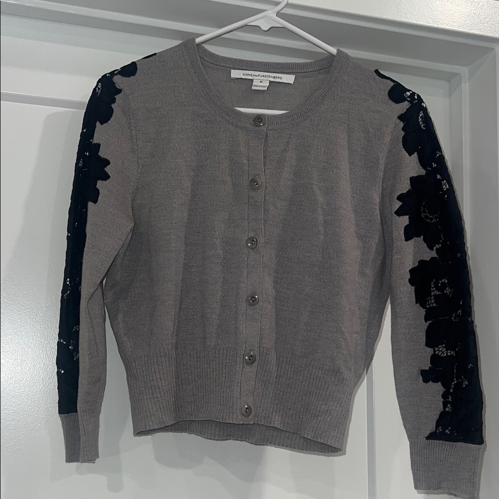 Diane Von Furstenberg Gray Cardigan with Black Lace Detail
